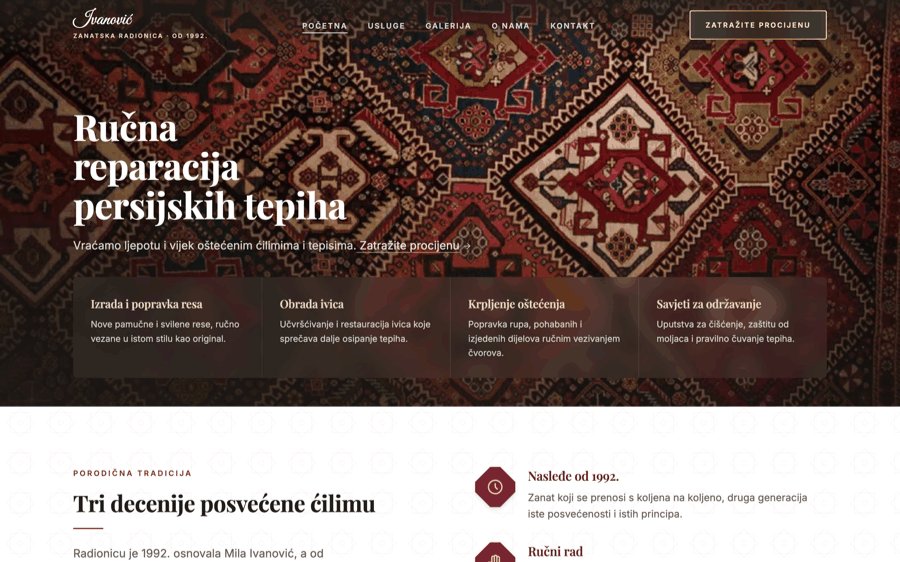 Sajt Radionica Ivanović - popravka persijskih tepiha, početna strana